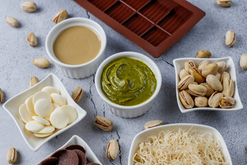 Trendy dubai chocolate ingredients for making dubai chocolate.