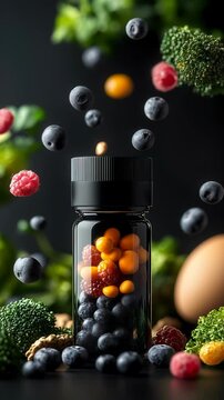 Colorful berries and vegetables hover around a transparent bottle showcasing healthy ingredients. Ideal for Social Media, Stories, Advertising