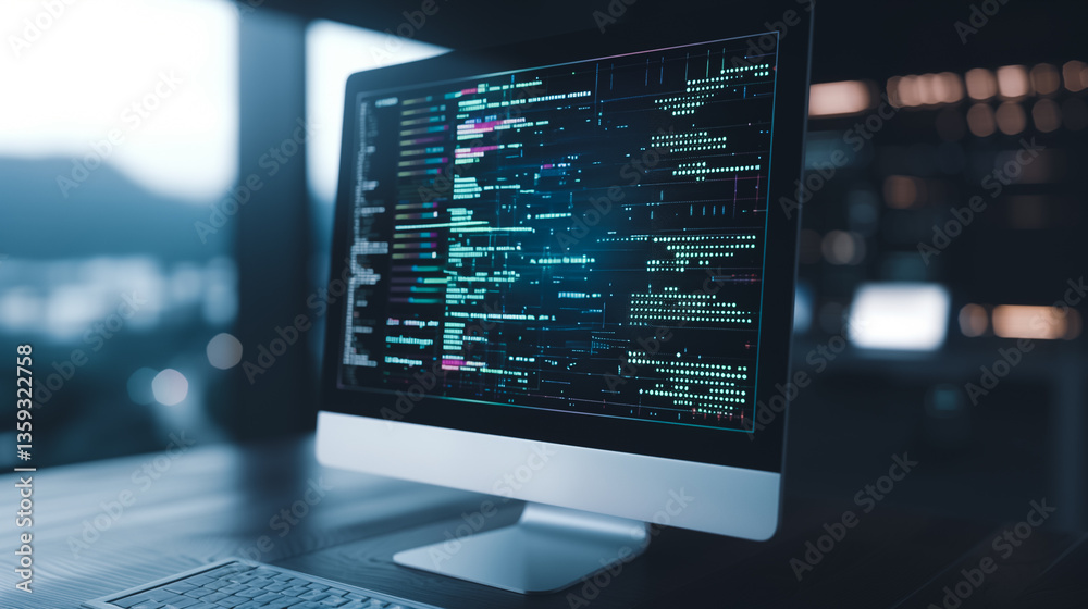 Poster code in the monitor: a modern computer monitor displays intricate lines of code, illuminated against