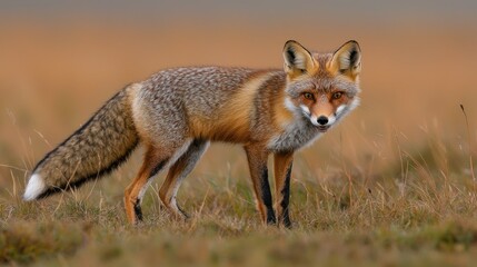 Fototapeta premium A beautiful fox standing alert on a grassy field