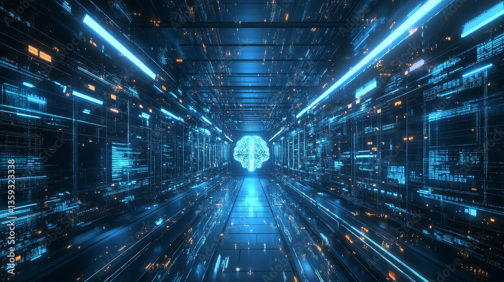 Poster digital mind. technocratic concept of future. abstract reactor core. quantum processor and big data.