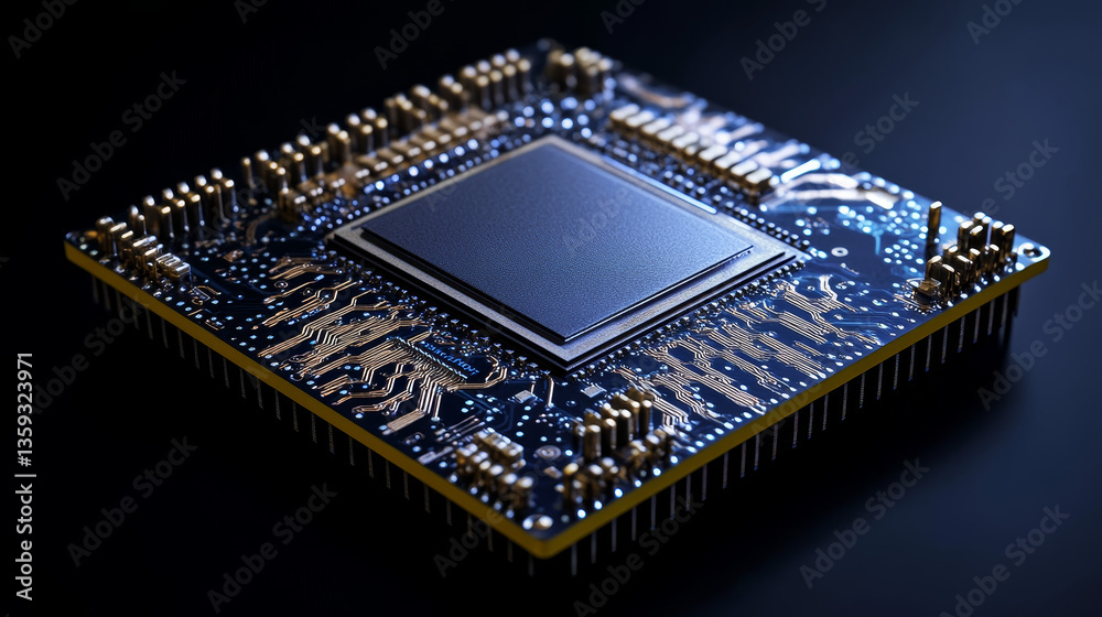 Poster futuristic cpu 3d illustration. quantum processor in global database. digital cyber space and artifi