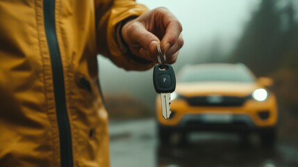 Car key handheld by driver in misty forest road vehicle ownership symbolism outdoor adventure close-up perspective