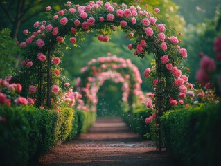 English rose garden in full bloom with symmetrical beds, boxwood hedges, and climbing roses on a central wrought-iron arch