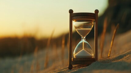 Time passing through an hourglass at sunset nature scene close-up view concept of time and change