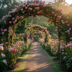 English rose garden in full bloom with symmetrical beds, boxwood hedges, and climbing roses on a central wrought-iron arch
