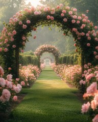 English rose garden in full bloom with symmetrical beds, boxwood hedges, and climbing roses on a central wrought-iron arch