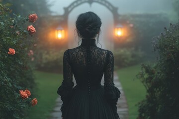 Victorian walled garden at dusk with lanterns among roses and lavender, woman in black dress walking beneath ivy-covered trellis

