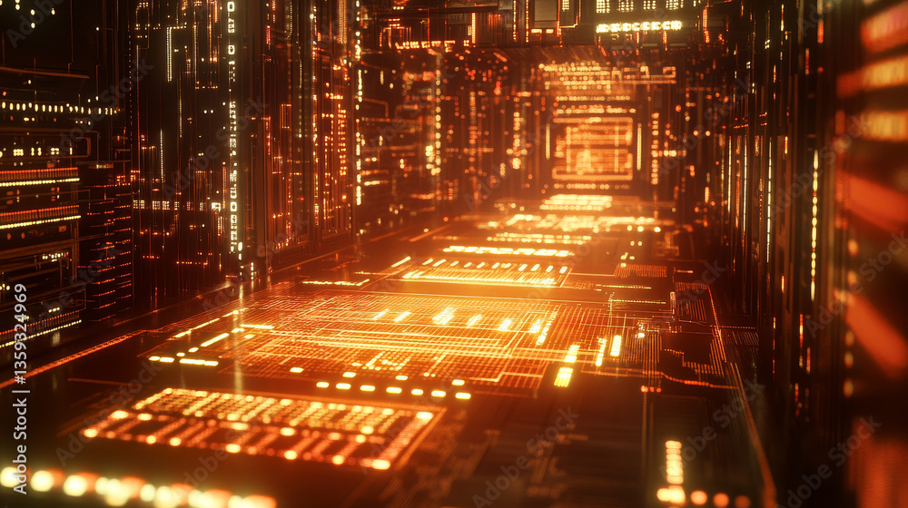 Poster futuristic processor concept. global database in digital cyberspace. 3d illustration on the topic of