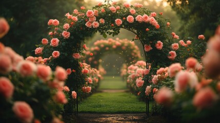 English rose garden in full bloom with symmetrical beds, boxwood hedges, and climbing roses on a central wrought-iron arch