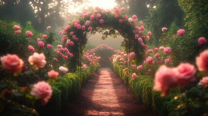 English rose garden in full bloom with symmetrical beds, boxwood hedges, and climbing roses on a central wrought-iron arch