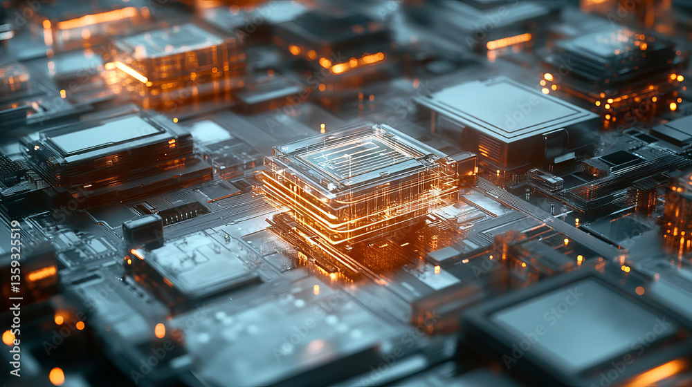 Poster futuristic cpu. database, data center. quantum processor in global computer network. 3d illustration