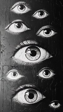 Creative mural depicting different eye expressions on a textured black surface. Ideal for Social Media, Stories, Advertising