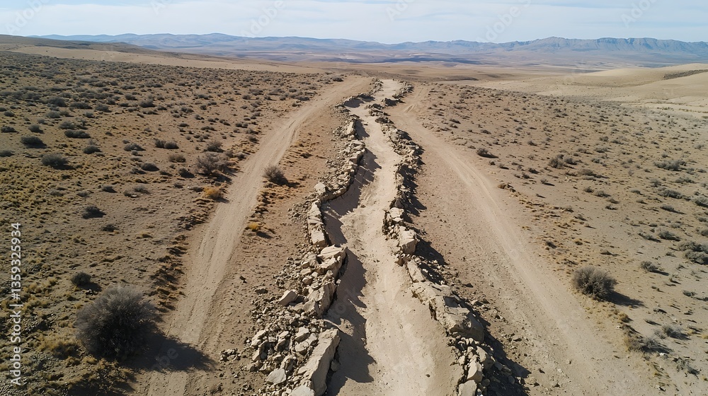 Poster A vast arid desert landscape with a winding dirt path snaking through the rugged rocky terrain creating a sense of isolation and solitude