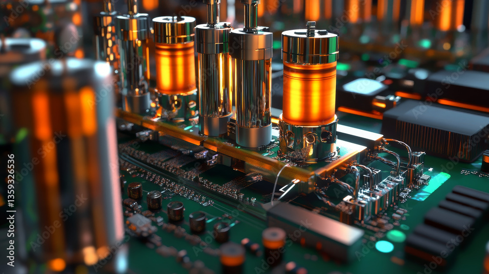 Poster digital technology innovation. cyber impulse 3d illustration. electron path, nanoplatform. neural ne
