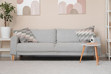 Interior of modern living room with grey sofa, houseplant, coffee table and pictures on white wall