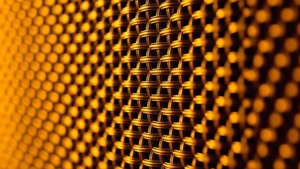 Close-up View of a Speaker Grill with Detail of Woven Texture and Mesh Design, Capturing Sound Technology and Audio Quality in Warm Lighting