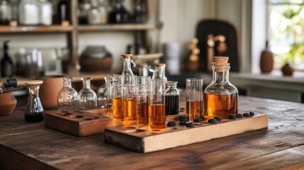 Amber Liquids in Glassware on Wooden Table