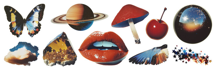 PNG Cosmic surreal nature collage, element set on transparent background