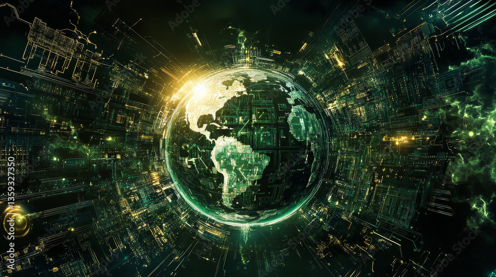 Poster futuristic cpu. quantum processor in the global computer network. 3d illustration of digital cybersp