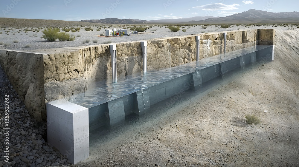 Poster Advanced radar imaging technology used to detect and map hidden subsurface water reservoirs in a remote arid desert landscape