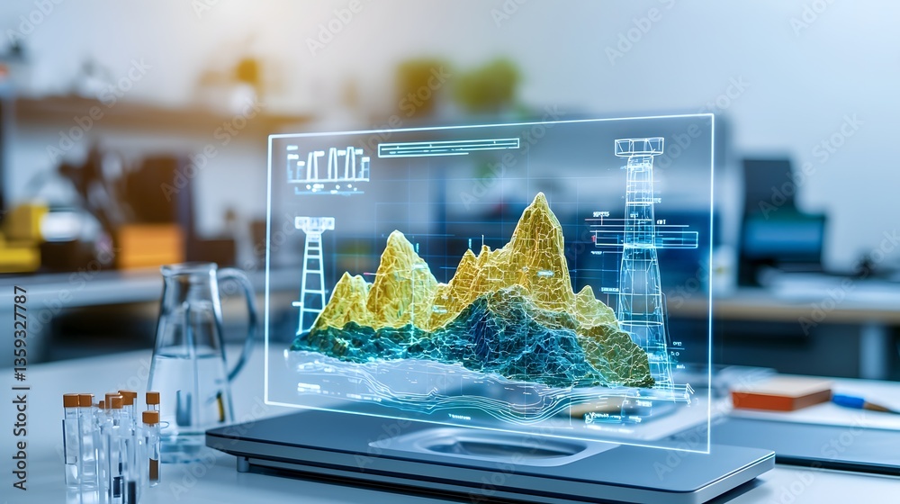 Poster Advanced three dimensional topographical and geological data visualization displayed on a holographic interface within a futuristic scientific research laboratory