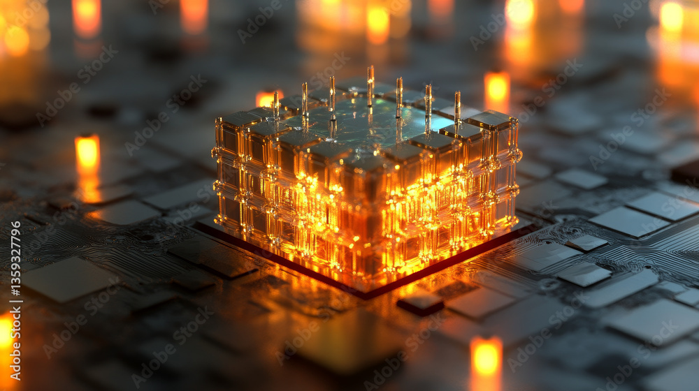 Poster futuristic cpu. quantum processor in the global computer network. 3d illustration of digital cyber s