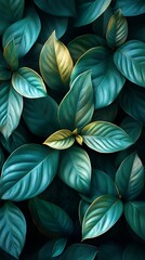 Fototapeta premium Close Up of Lush Green Leaves with Teal and Gold Accents