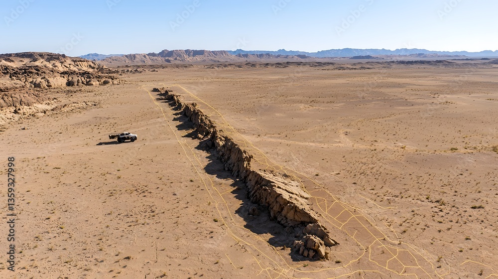Aufkleber Aerial Lidar mapping captures the intricate network of geological fault lines etched across the arid expansive desert landscape