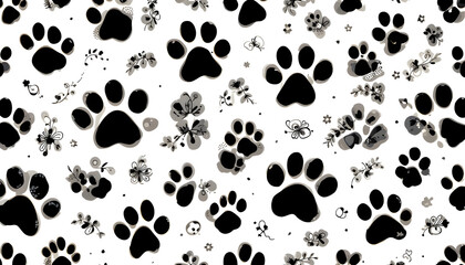Fototapeta premium Black and White Paw Print Pattern on Light Background