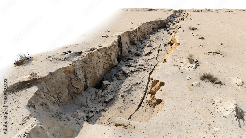 Poster aerial perspective of a deep craggy fault line cutting through the dry rocky terrain of an arid dese