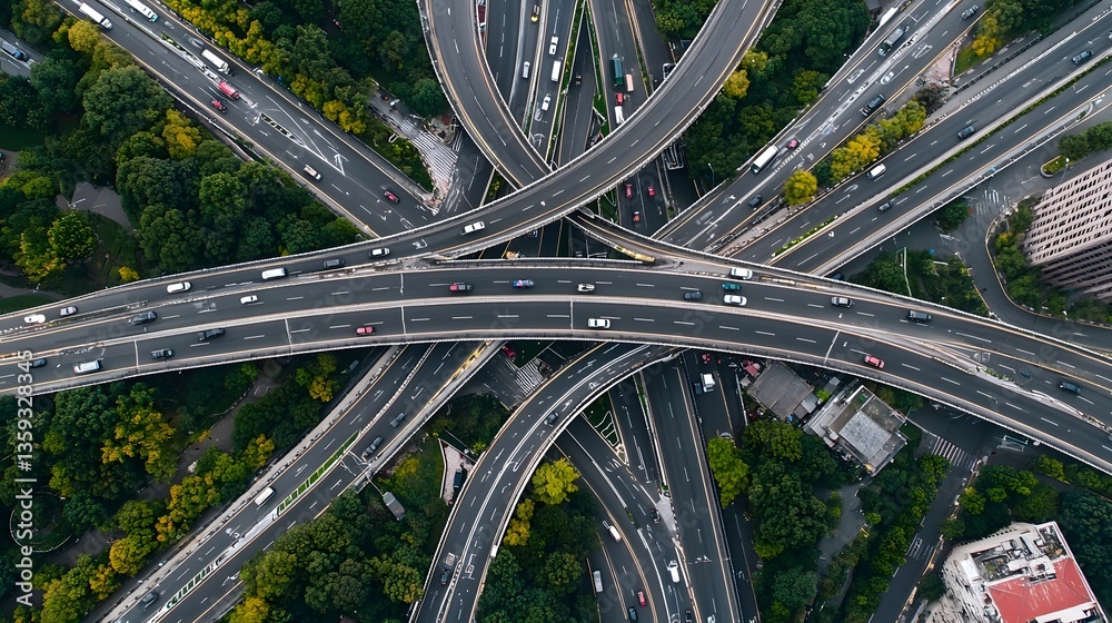 Poster aerial perspective of an intricate network of roads bridges and overpasses that form a smart transpo