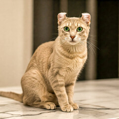 Obraz premium Crisp, lifelike image of an American Curl Cat sitting elegantly on a marble countertop, showcasing its distinctive backward-curled ears and expressive eyes.