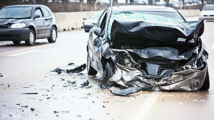 Car accident scene highway photography urban environment close-up view road safety awareness