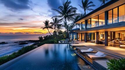 A sleek, modern beachfront mansion with expansive glass walls, infinity pool overlooking the ocean, golden hour lighting, lush palm trees framing the property 