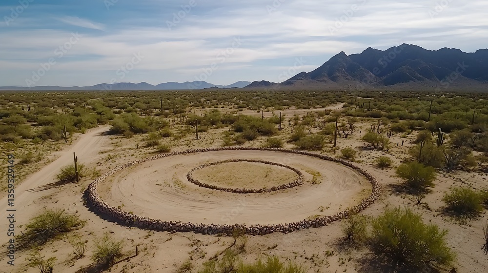 Poster Aerial view of a remote desert landscape with a circular pattern in the sand potentially indicating the presence of subsurface water reserves detected through radar imaging technology