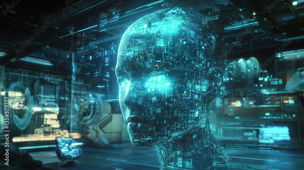 Poster futuristic computer panel, digital circuit and quantum processor concept. 3d illustration of high-te