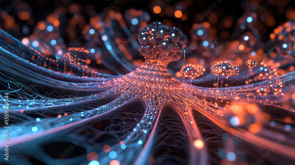 Poster ai brain. big data processing. future processor. quantum cpu in nanotech computer network. 3d illust