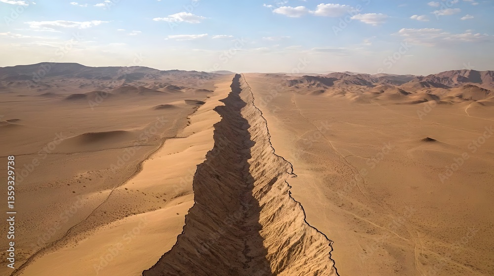 Poster Aerial view of an expansive desert terrain revealing intricate patterns of hidden geological fault lines across the arid landscape