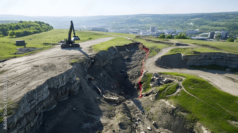 Poster Aerial view of an extensive open pit mining situated within a rolling pastoral landscape with heavy and infrastructure visible