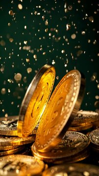 Bitcoin shines brightly against a dark background with golden coins scattered around, showcasing the allure of cryptocurrency in a dynamic environment. Ideal for Social Media, Stories, Advertising