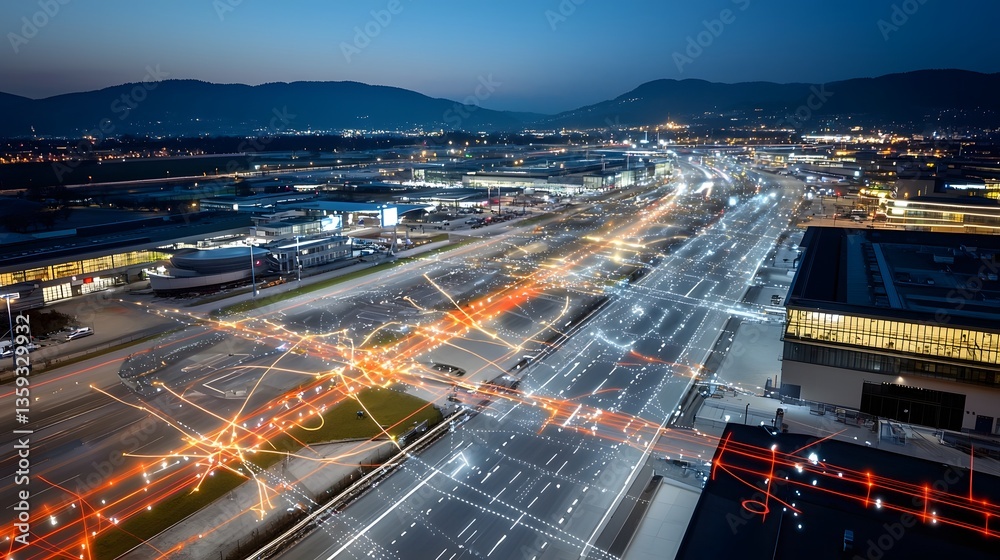Poster aerial view of the expansive runways terminals and traffic flow at a large metropolitan airport duri