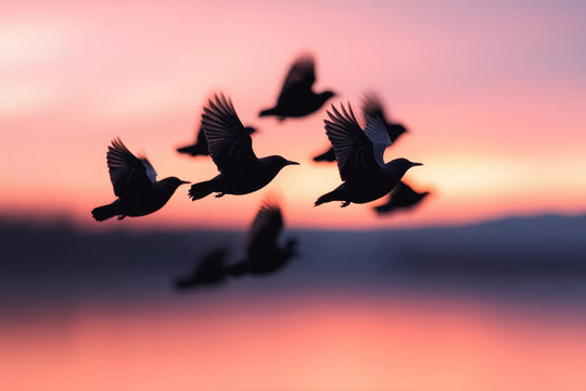 Birds in silhouette against a vibrant sunset sky.