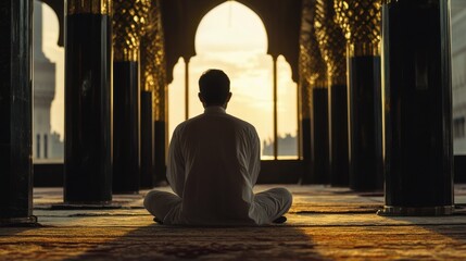 Golden Light Prayer: Man in Mosque at Sunrise