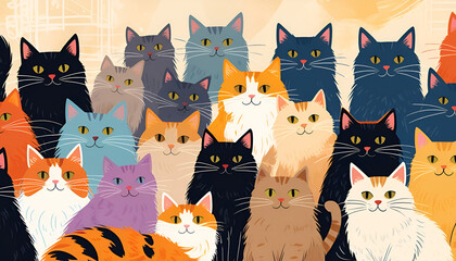 A whimsical, vibrant illustration of multiple cats 