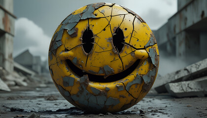 A heavily weathered and corroded smiley face emoji 