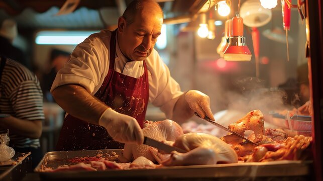 A butcher wearing a white apron and gloves is cutting up a chicken on a metal tray.