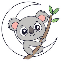 Cute Cartoon Koala Climbing a Tree Branch Against Crescent Moon On White Backdrop