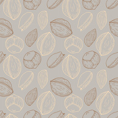 Pastel chic pattern with walnut, hazelnut, pistachio and almond. Noble colors. Contour graphics. Packaging, wallpaper, wrapper, background.