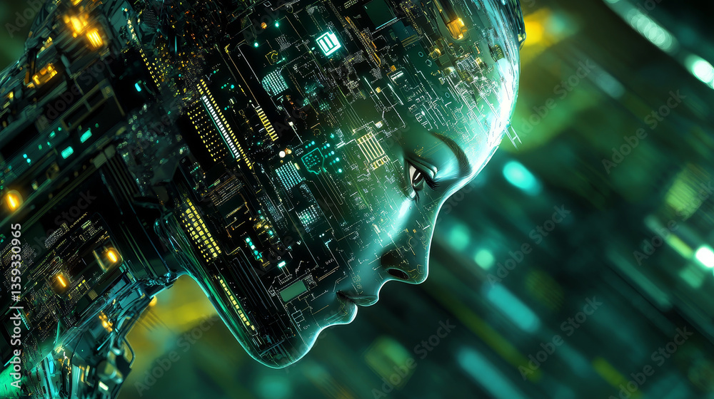 Poster digital mind. work on the creation of artificial intelligence. wireless network technology. 3d illus